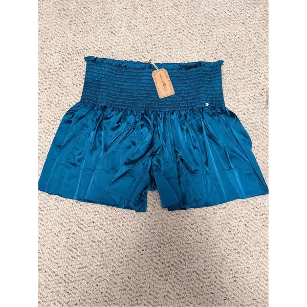 Natural Life NWT Boho Teal Smocked Satin Flowy Shorts M Cottagecore - Image 3