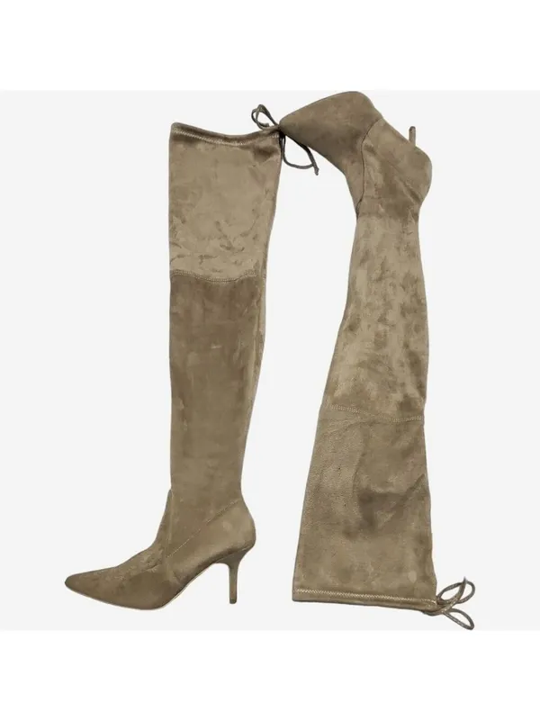 Suede Pointed Toe Over The Knees Thigh High Stretchy Heeled Boot - Image 4
