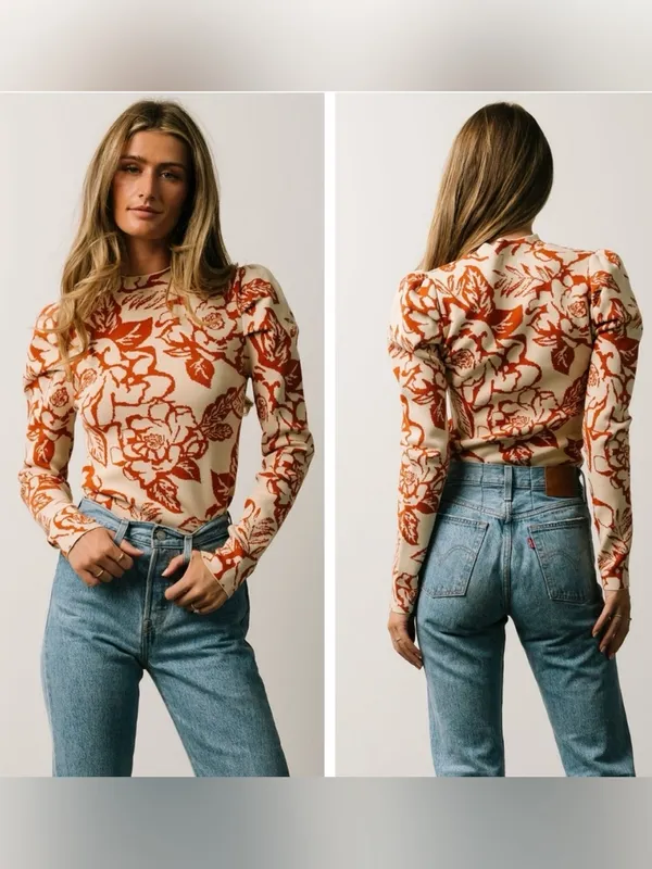Baltic Born Sebastian‎ Puff Sleeve Shoulder Floral Knit Sweater XL Cream Orange - Image 2
