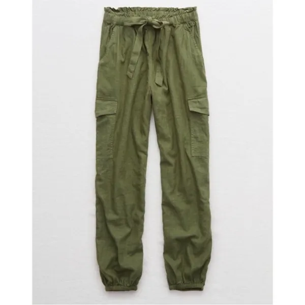 Aerie Linen Blend Paperbag Waist Cargo Joggers in Army Green Small - Image 4