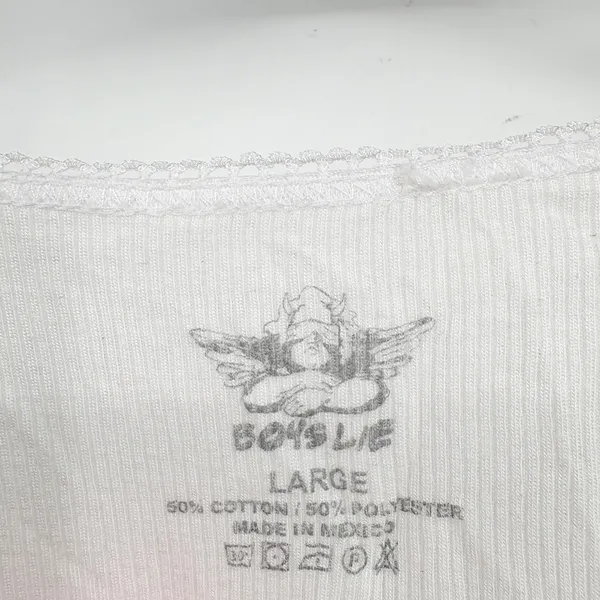 Boys Lie Womens White Blue Cherub Graphic Ribbed Lace Trim Crop Tank Top Size L - Image 3