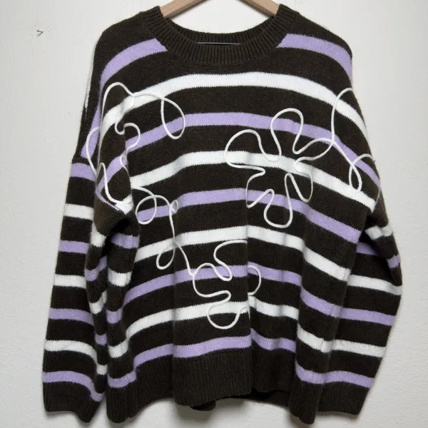 Parker Women Sweater Large Brown Striped Flora Embroidered Cozy Oversize - Image 2