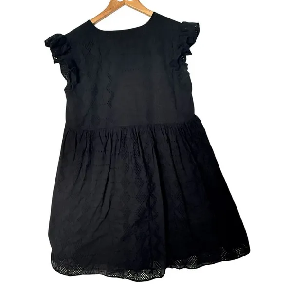 Black Eyelet Babydoll Embroidered Floral Mini Dress Size M Empire Waist Folk - Image 4