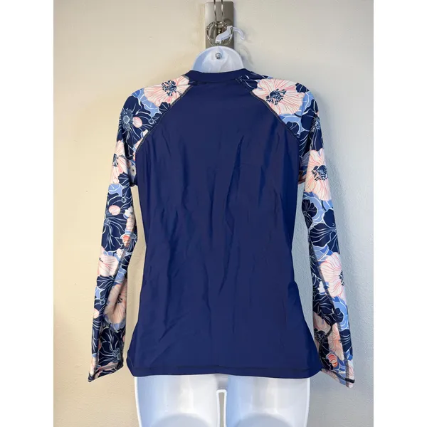 Halcurt Womens Navy Blue Floral Long Sleeve Rash Guard Swim Top Built-in Bra S - Image 2