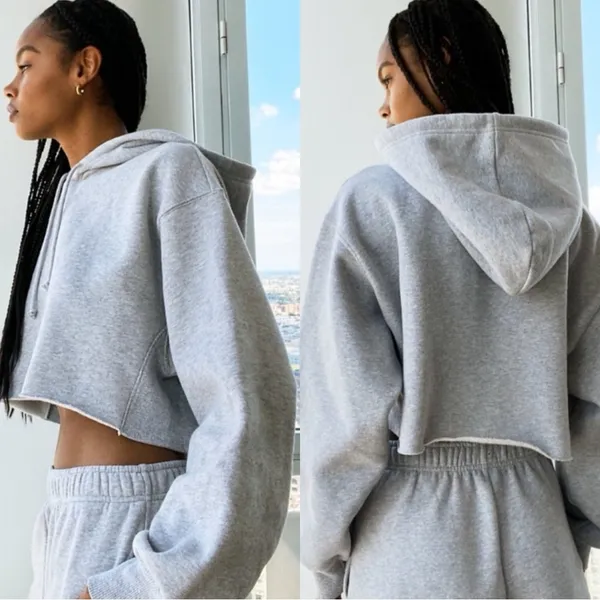 ARITZIA Tna Crop Fleece Gray Hoodie Sweatshirt Pullover Top - Image 2