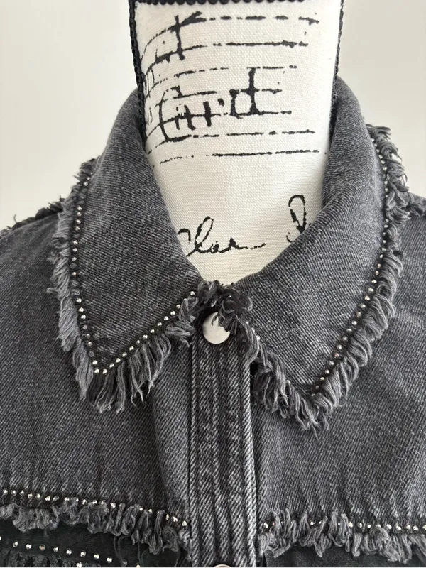 Zara Black Denim Rhinestone Fringe Oversized Jacket Size S - Image 6