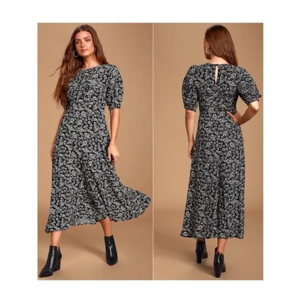 Free People Jessie Black Cream Ditzy Floral Smock Puff Sleeve Dress 90’s SZ 12 - Image 2