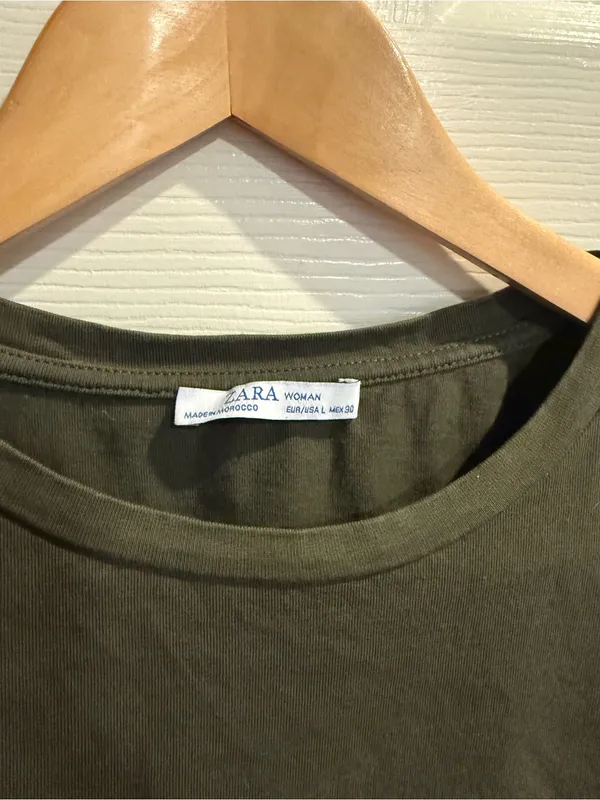 Zara Olive Green Tee with Brown & Navy Plaid Sleeves - Image 2