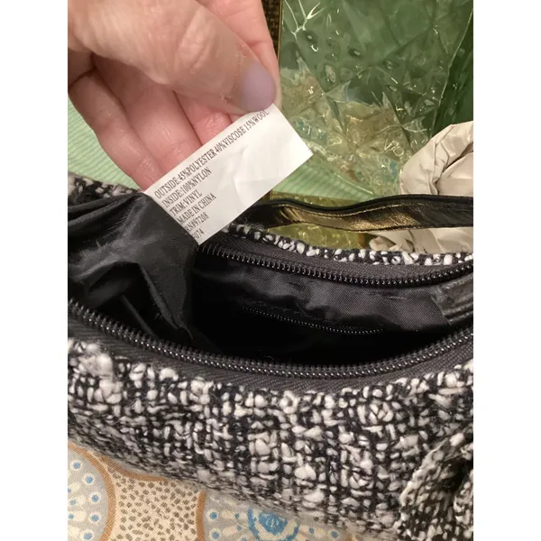 Black White Tweed Flower Rhinestone Shoulder Bag Hobo Purse with Scarf Accessory - Image 7