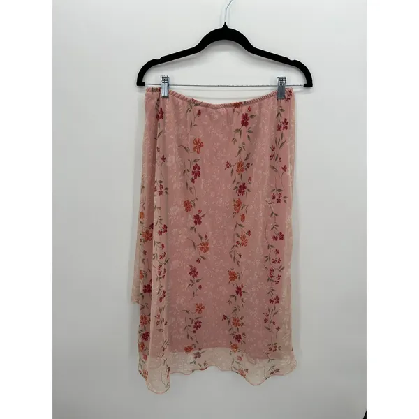 Kathie Lee Collection Y2K 90s Pink Floral Chiffon Midi Skirt Size 14 Asymmetric Hem Fairy Dainty - Image 2