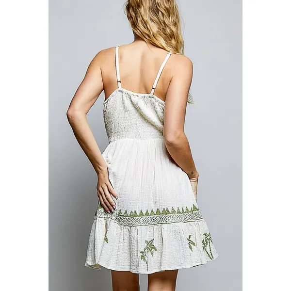 POL Palm Tree Print Wrap Bodice Smocked Waist Ruffle Hem Dress - Medium - Image 3