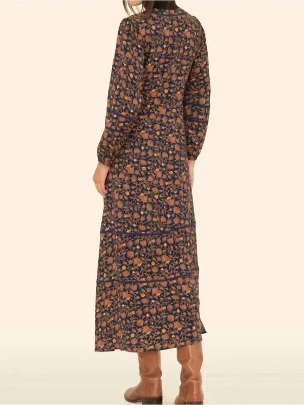 Xirena Charly Midi Dress Floral Long Sleeve Brown & Navy Blue | XL - Image 2