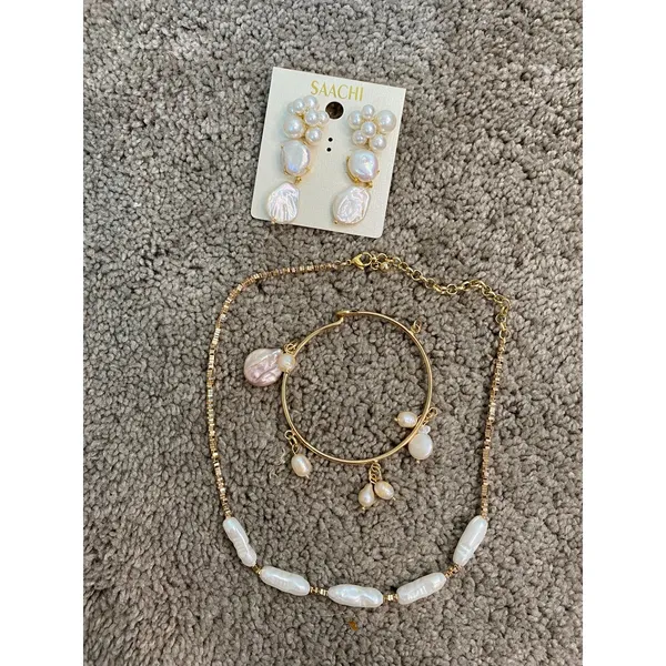 Saachi Gold Tone Irregular Pearl Necklace Bracelet Drop Earrings Set - Image 2
