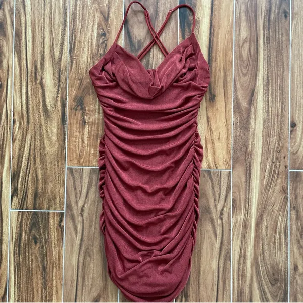 Lucy in the Sky Ruched Halter Dress in Rust Orange Size S - Image 5