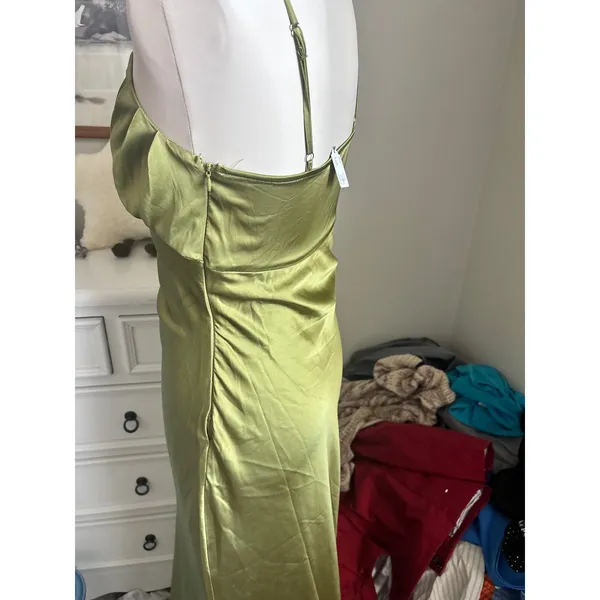 Satin Green Rosette Maxi Dress Floral Slip Olive Lime Formal Evening Gown - Image 3