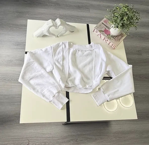White Cropped Open-Front Shrug Sweatshirt with Thumbholes - Size S - Image 5