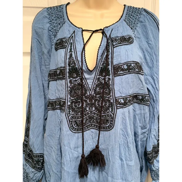 Free People Blue Embroidered Tunic Top‎ S Boho Peasant Tassel Mini Dress Blouse - Image 3