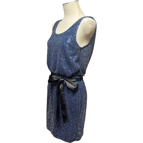 Express Sleeveless Sequin Mini Dress with Satin Sash Blue Black XS - Image 3