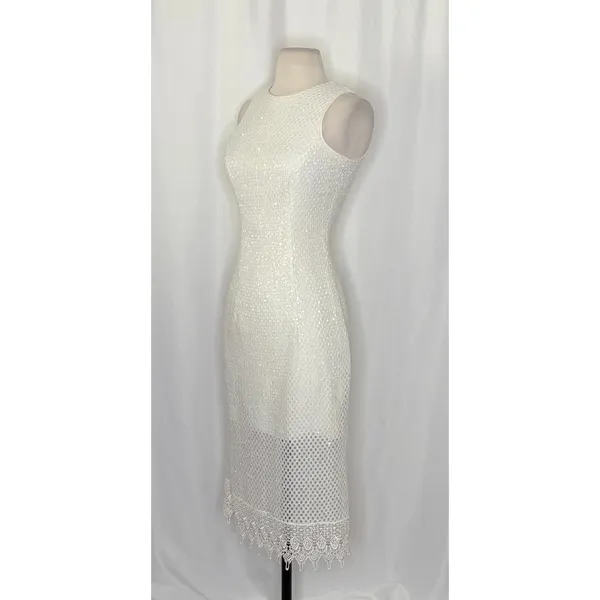 DRESS THE POPULATION Alina Sequin Crochet Lace Midi Dress Bridal‎ White Small - Image 4