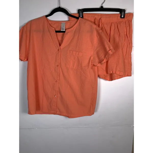 Serra Pajama Set Women’s M Coral 100% Cotton Button Top Shorts Seersucker - Image 3