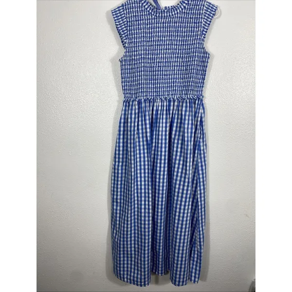 Crown & Ivy Blue Gingham Smocked Midi Dress Sleeveless Womens Size 8 Excellent - Image 4