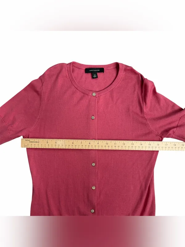 Ann Taylor Rose Pink Short-Sleeve Button Silk Cardigan - Image 3