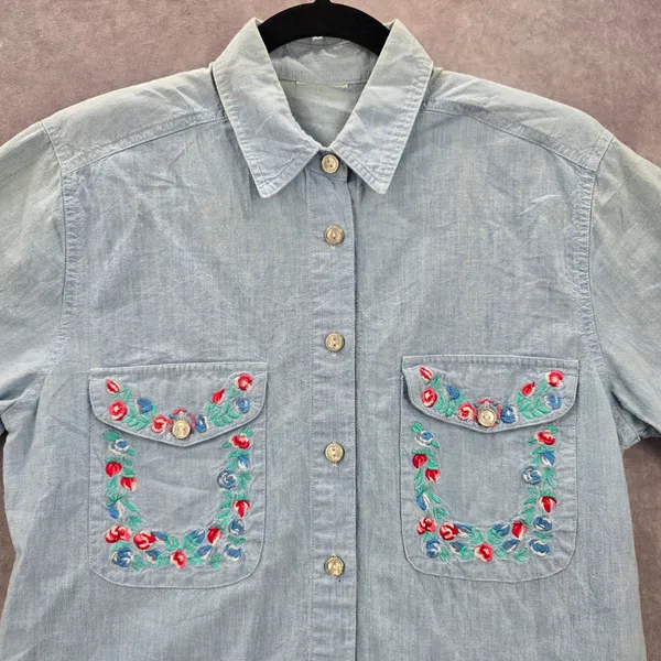 Blue Button Up Floral Embroidered Short Sleeve Vintage Y2K Short Top M Medium‎ - Image 3