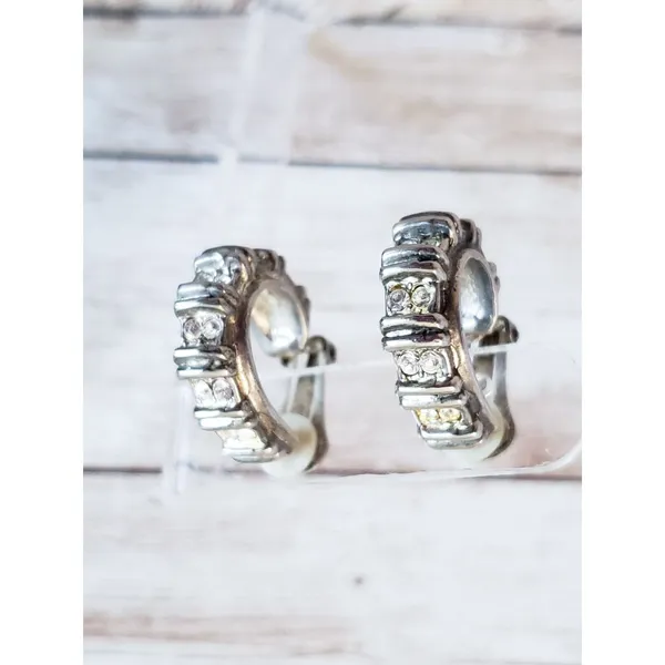 Vintage Clip On Earrings - Elongated Thick Hoops with Gems - Tarnished - Image 3