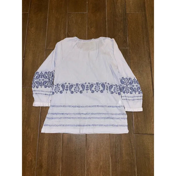Tommy Bahama Tunic Top Size L Blue Embroidered Boho Gauze Peasant Blouse - Image 8