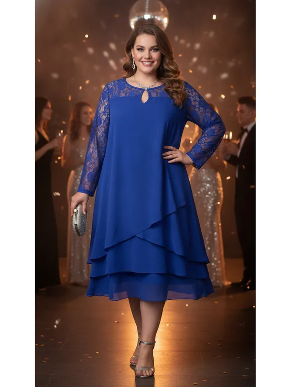 Royal Blue Sheer Chiffon Tunic Dress Size 5XL – Lace Sleeve Layered Hem - Image 8