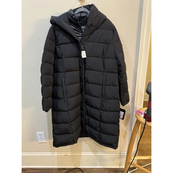 DKNY Women's Bibbed Hooded Puffer Coat Black Size XXL Long - Image 5