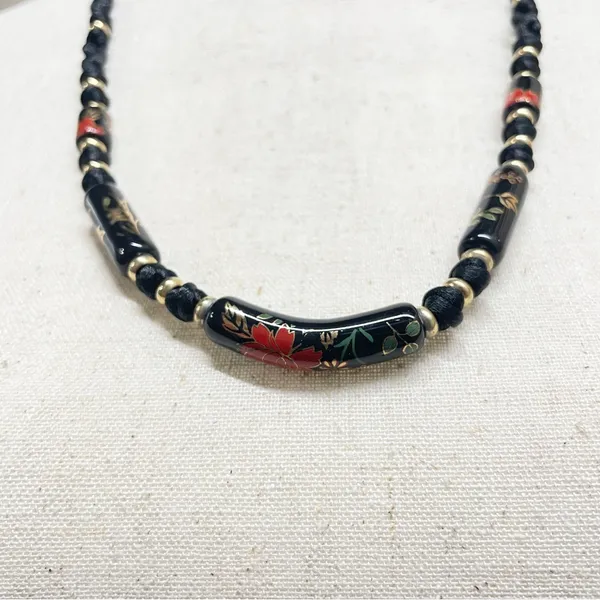 Vintage Black Floral‎ Ceramic Bead Cord Necklace Witchy Goth Romantic - Image 3
