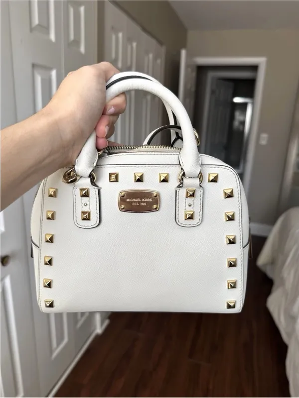 Michael Kors White And Gold Studded Mini Crossbody Purse Bag - Image 2