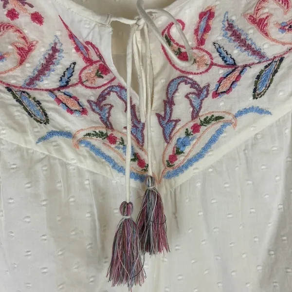 Ruff Hewn Boho Cream Floral Embroidered Cold Shoulder Peasant Shirt Western - Image 3