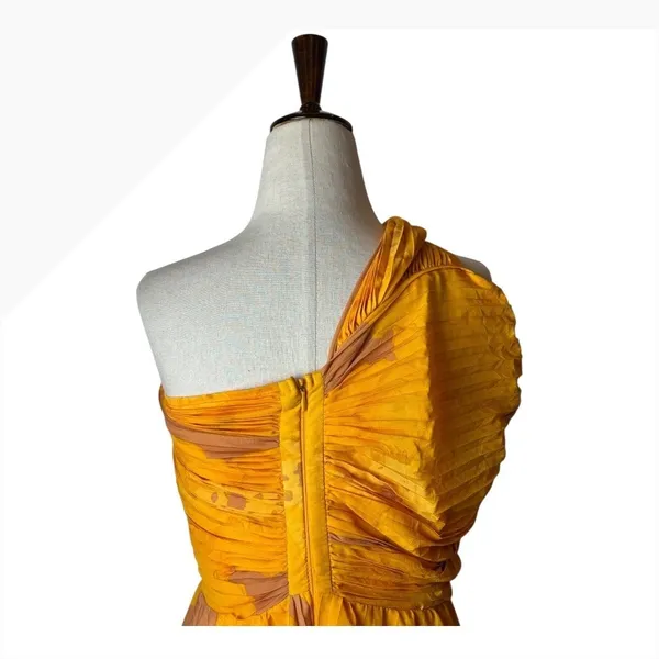 Isi Brown Dress women Medium Yellow Pleated One Shoulder Cutout Asymmetric‎ Midi - Image 5