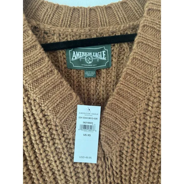 NWT American Eagle Brown Chunky Knit V Neck Pullover Sweater Sz XS Neutral Earth - Image 5