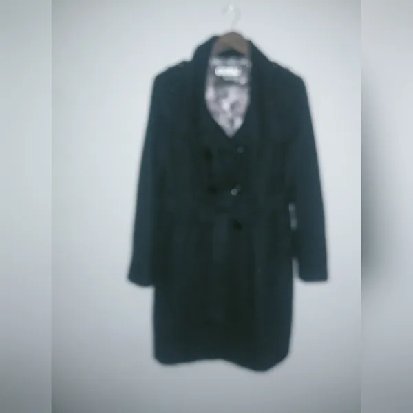 Guess L Full Length Logo Lined Pea Coat Double Breasted Belted Wool in Black - Image 2