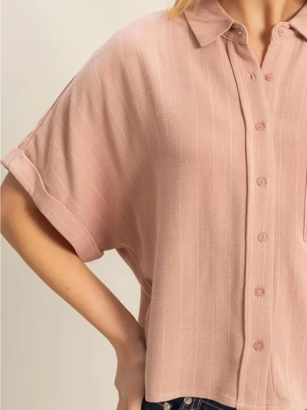 Blush Pink Rayon Linen Button Front Relaxed Blouse | Boutique NWT M - Image 3