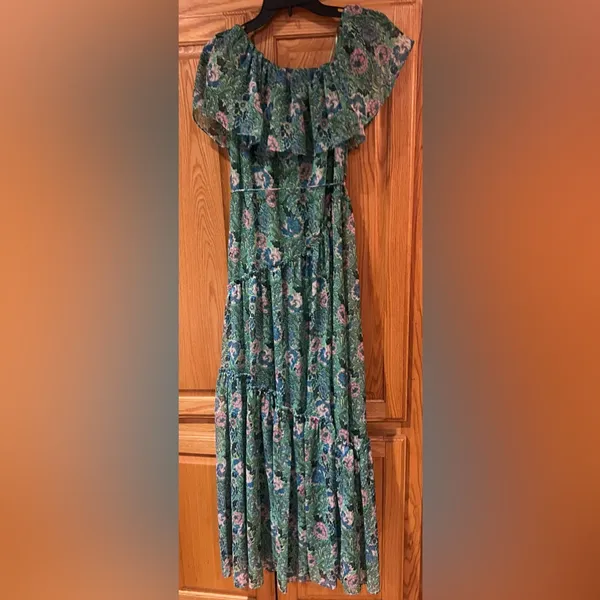 Mango Ruffle One-Shoulder Frill Hem‎ Floral Print Maxi Dress Green Size 2 - Image 13