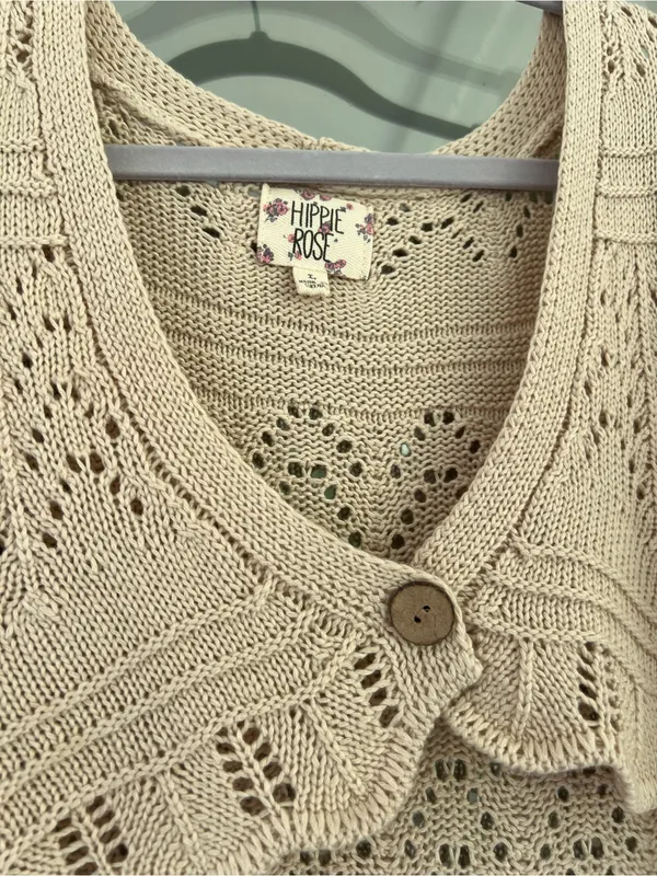 Hippie Rose Beige Crochet-Knit Short Sleeve Cardigan - Image 2