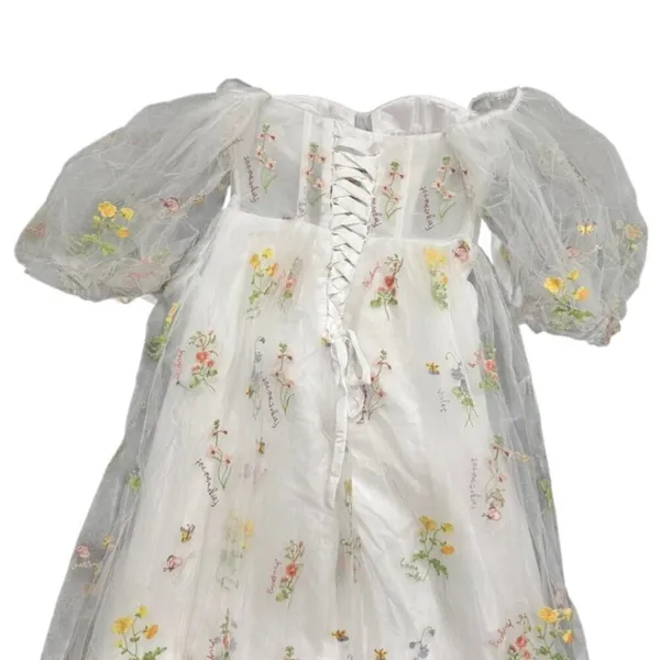 Women's Floral Embroidered Corset Maxi Puff Sleeve Dress in White, Size 12​​​ - Image 4