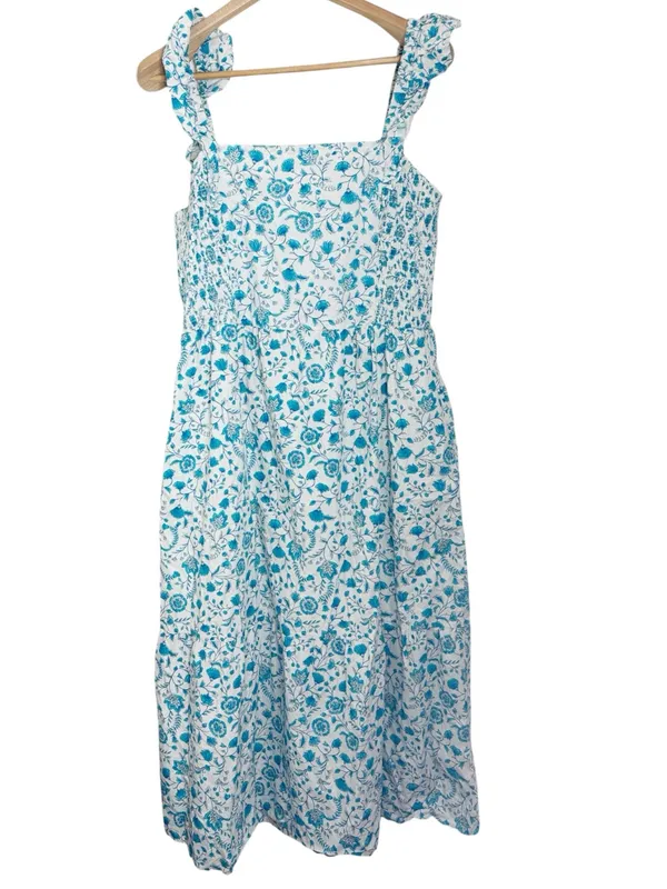 Draper James Ruffled Smocked Sun Dress Blue Floral Print Midi Preppy Summer XL - Image 3