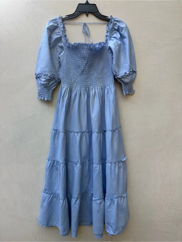 Hill House Home The Nesli Nap Dress Light Blue Glitter Check XS Smocked Puff Sle - Image 2