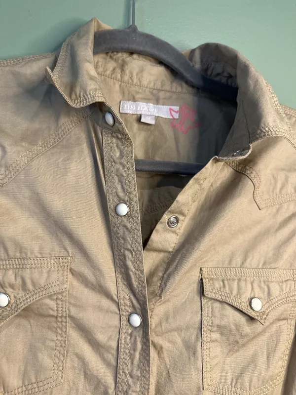Tin Haul Small Western Shirt Tan Pearl Snap Cotton Ranchwear Cowgirl Embroidered - Image 4