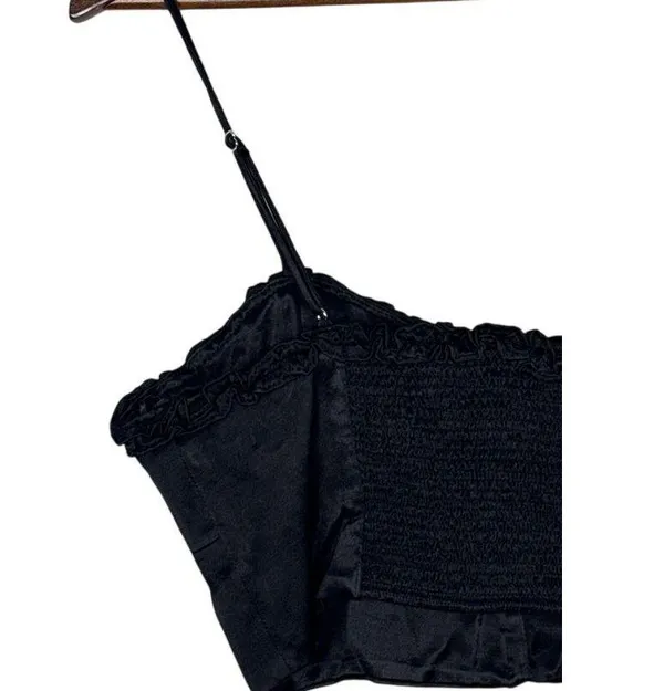 Zara Ruffled Satin Crop Top Adjustable Straps Front Buttons Smocked Back M Black - Image 6