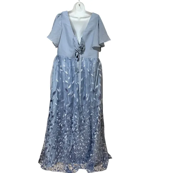 Witness of Love Blue‎ Embroidered Leaf Sequin Tulle Maxi Dress US 16 Flutter - Image 2