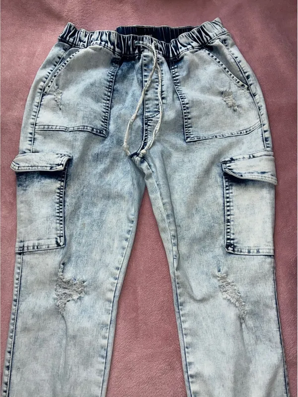 Light Acid Wash Distressed Denim Cargo Joggers Size L - Image 5