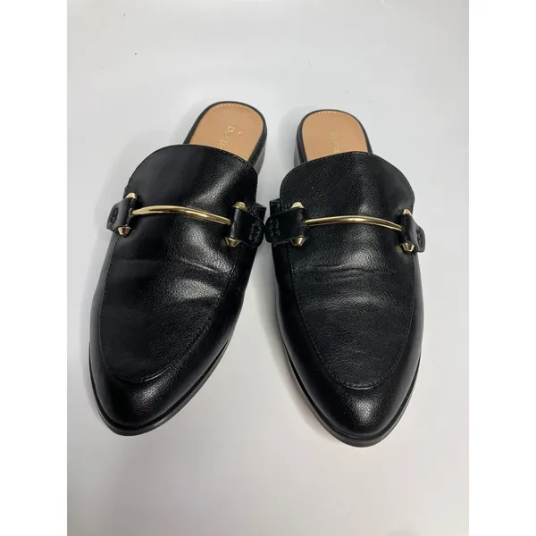 Express Mules Women 7.5 Black Excellent Gold Bar Slip On Pointed Toe Loafers - Image 2