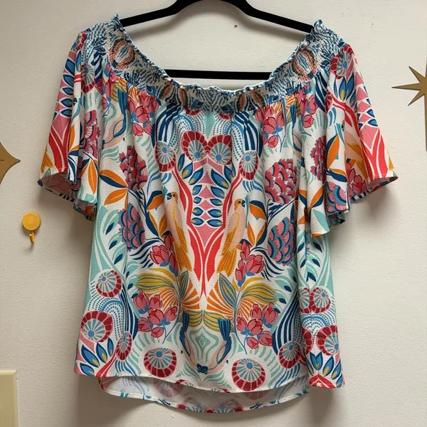 Flying Tomato Floral Bird Blouse L Multicolor Off Shoulder Boho Smocked Bold Top - Image 11
