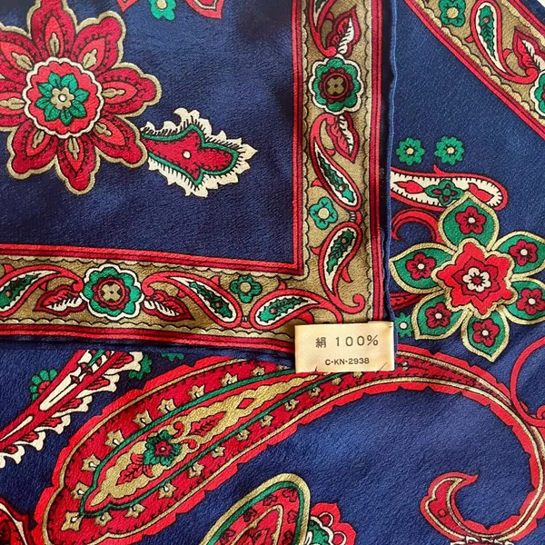 Vintage Gilded Crepe de Chine Blue Paisley Floral Silk Square Scarf Neckerchief - Image 3
